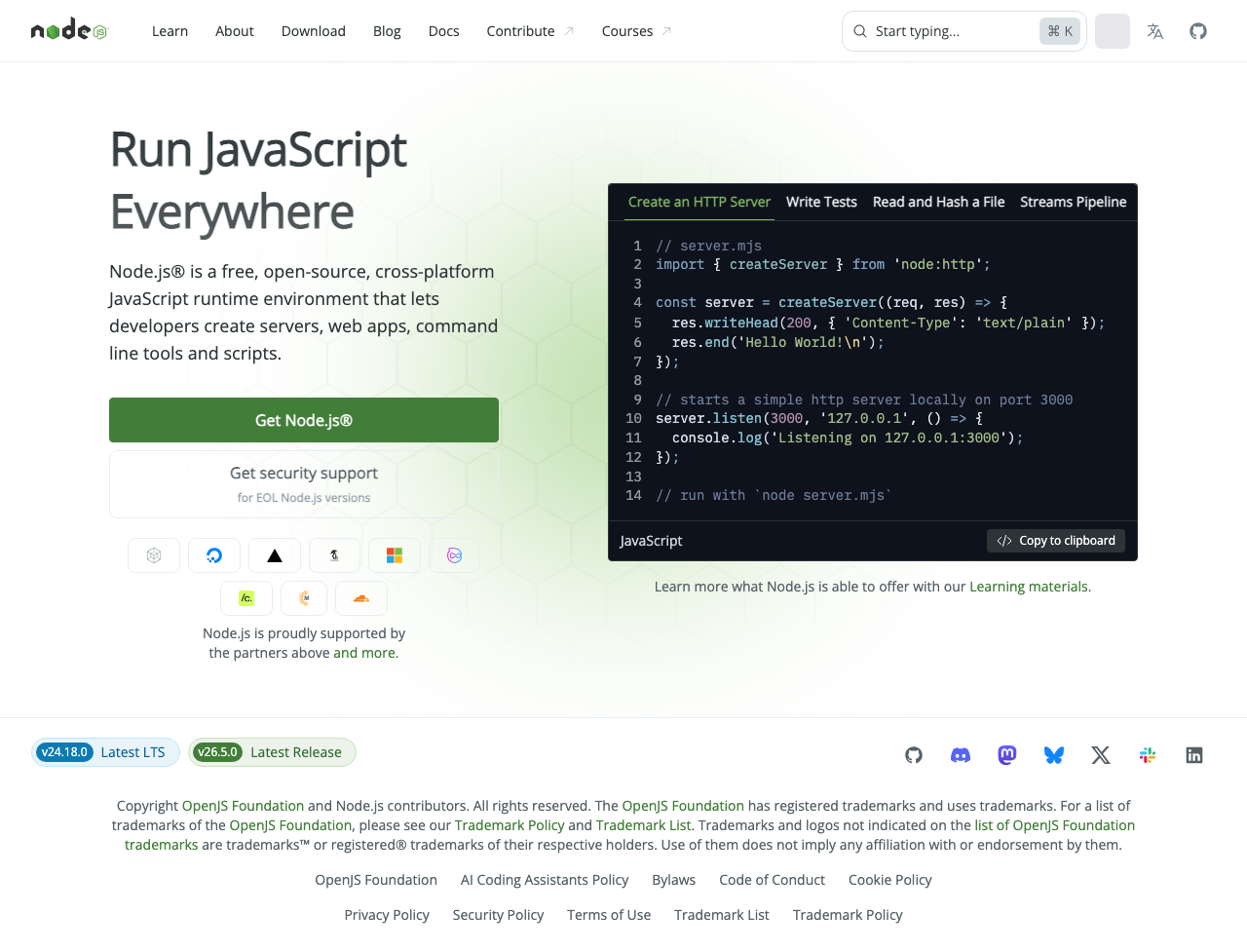 nodejs.org home page. The green "Get Node.js®" download button and the latest LTS version indicator at the bottom.