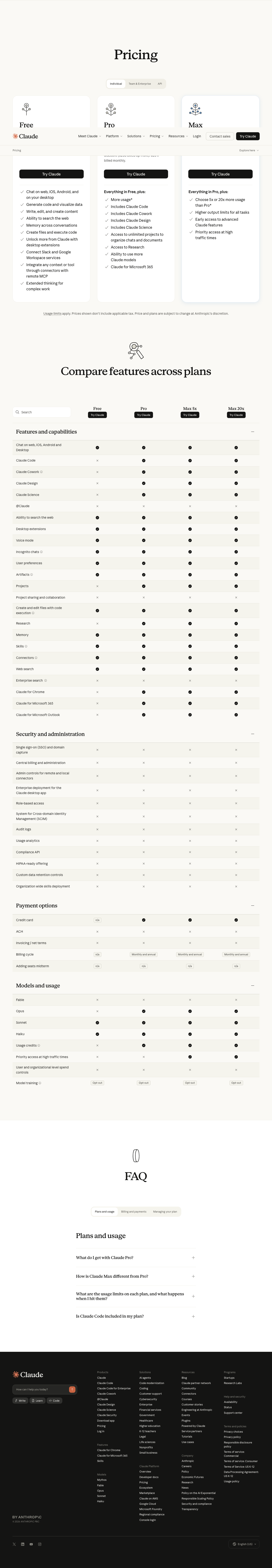 Claude pricing table. Claude Code is not on the Free plan — it's only on the paid Pro/Max plans.